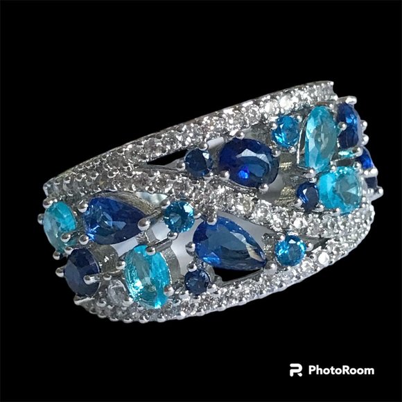 Sapphire Cocktail Ring Silver RhodiumPlated Simulated Blue Cubic Zirconia Size 7 - Picture 3 of 13